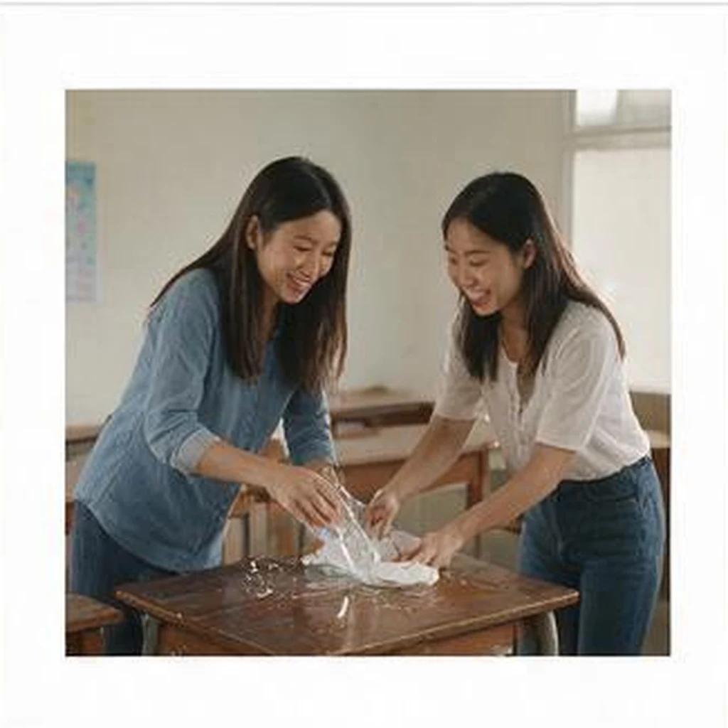 下课后，小美把水洒了，索菲亚帮忙；两人礼貌道别。